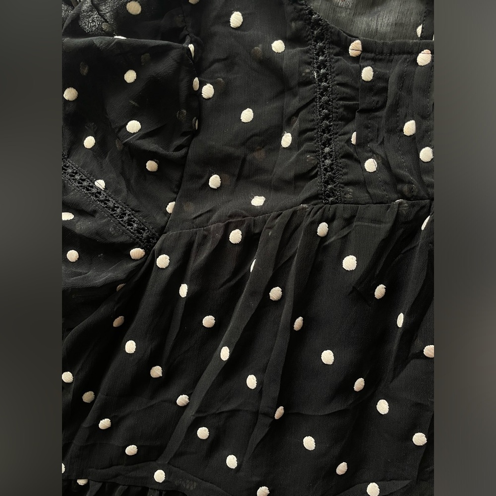 Moon River | Tiered mini dress, black with white polka dots, puff sleeves